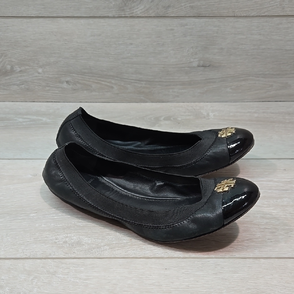 Tory Burch Women Black Ballet Flats Logo Gold Accent Loafer Slip On Shoes Sz 7.5